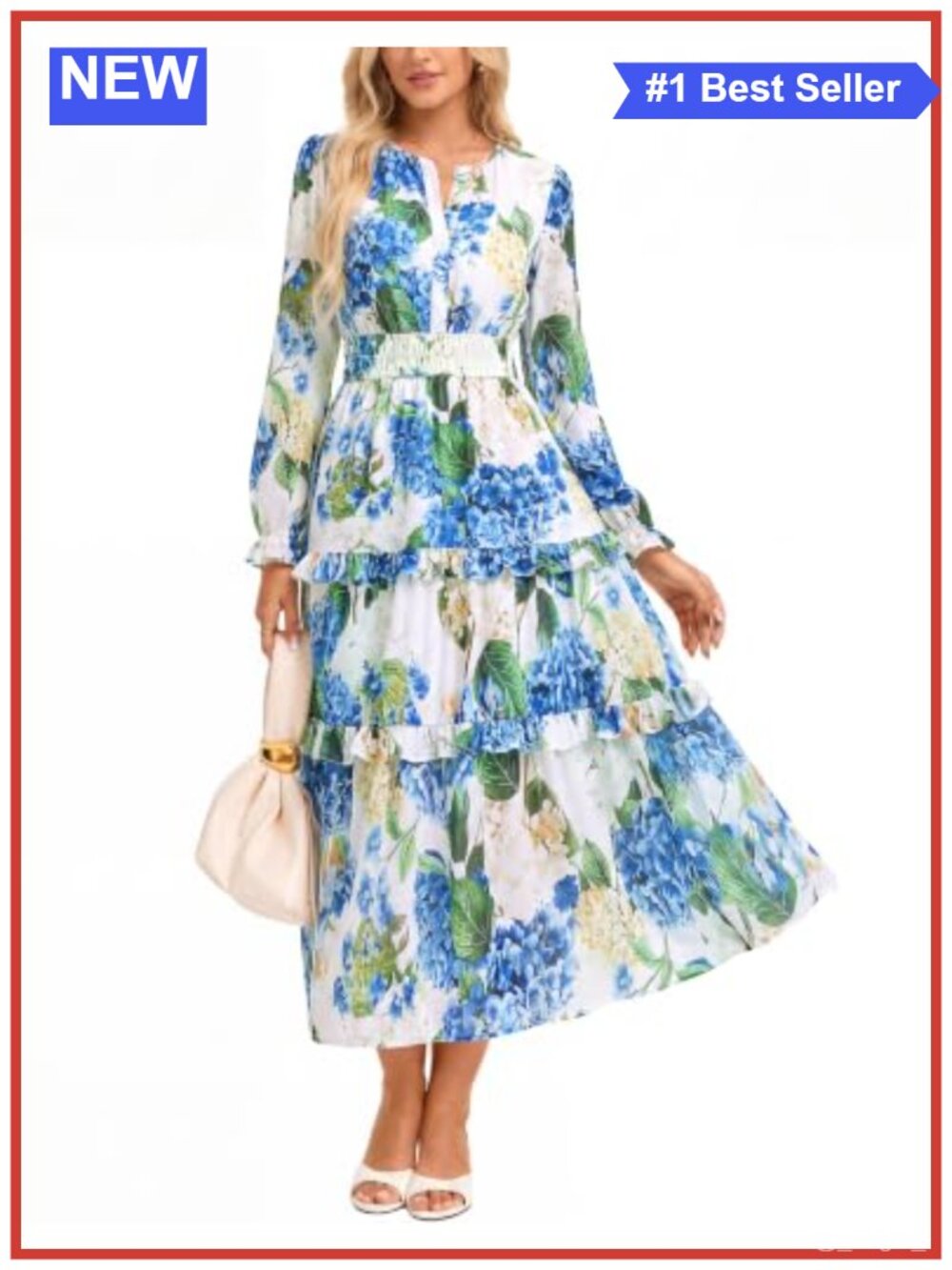 GRACE KARIN Chiffon Floral Maxi Dress Long Sleeve Smocked Wedding Guest